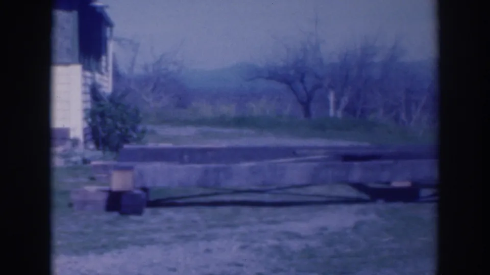A quiet rural yard or orchard edge shows the concrete work area, small blocks, grass, and bare trees in the distance.
