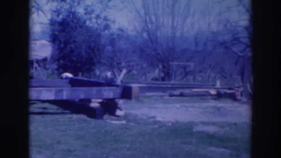 Sacramento 1937 home-movie frame showing the yard, low platform, bare trees, and scattered boards before the figure is clearly present.