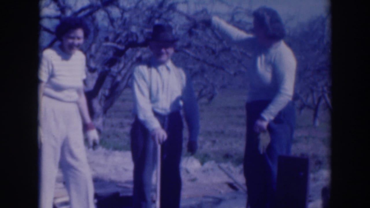 Three adults stand outdoors among bare trees, with a man in a fedora between two women.