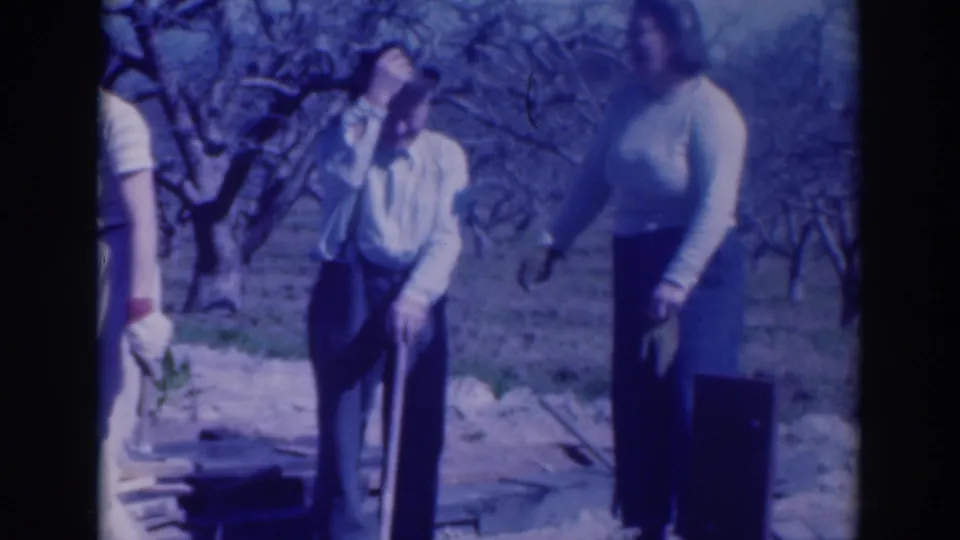 In the 1937 Sacramento orchard scene, a woman reaches toward the older man's hat while another woman stands nearby beside a dark case.