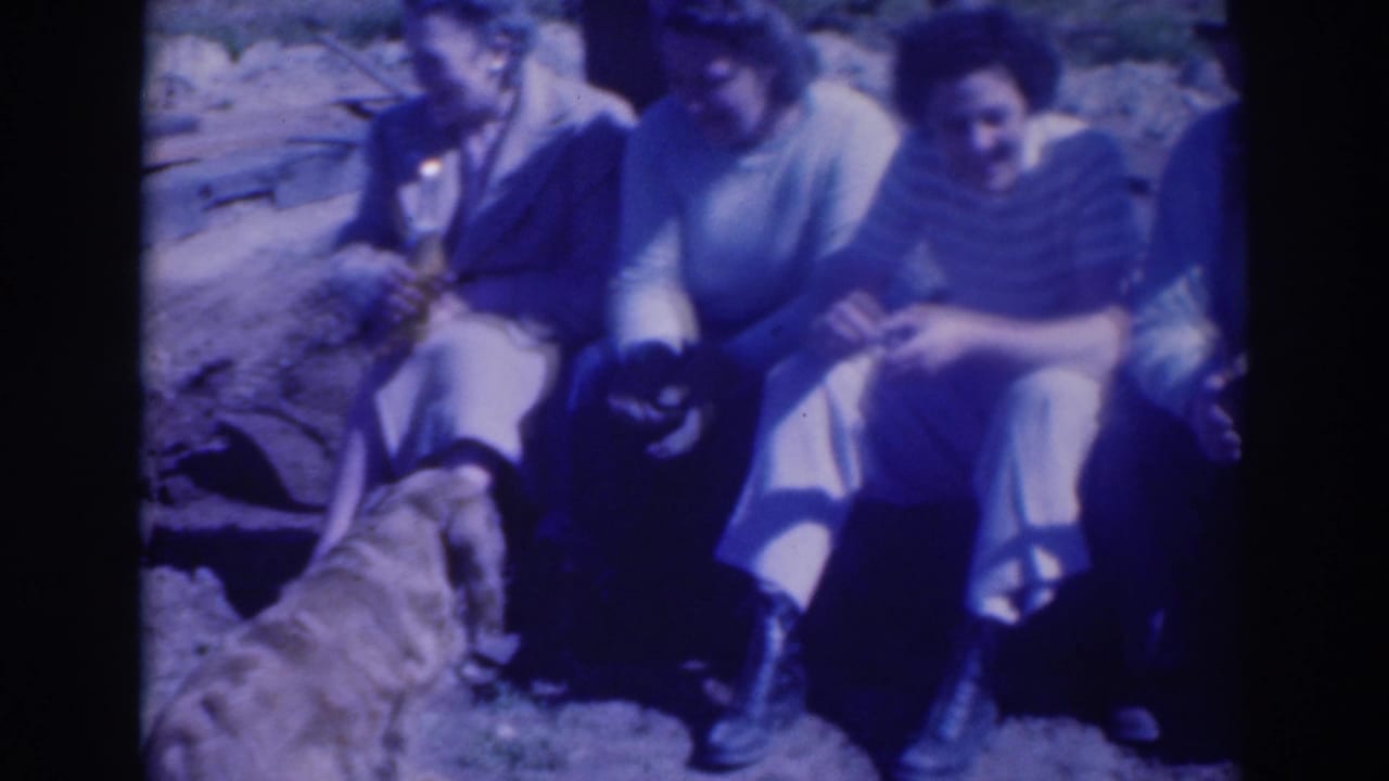 Adults sit on a grassy slope with a dog in the foreground.