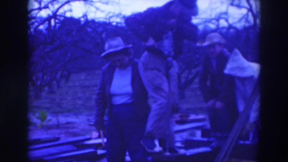 1937 Sacramento-area home-movie frame showing adults in hats and coats gathered near a pit or work area among bare trees.