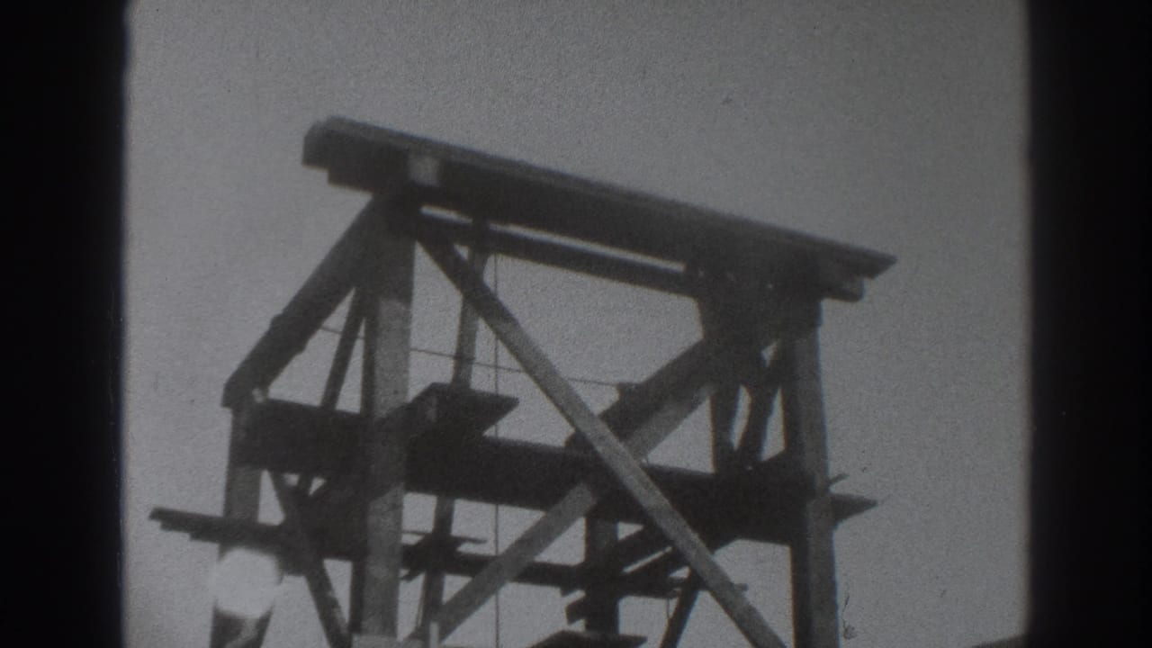 Low-angle view of timber scaffolding against the sky, with no worker clearly visible in this frame.