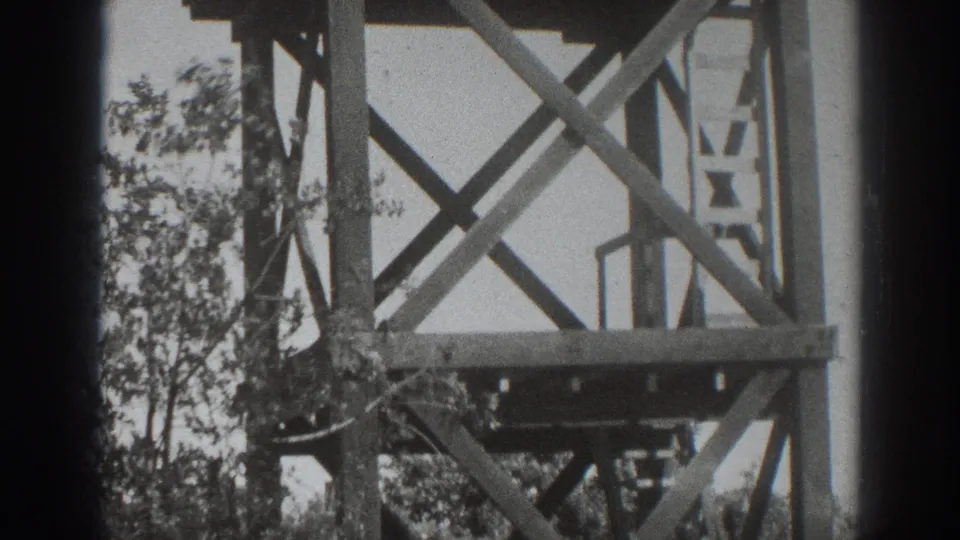 The camera frames the upper portion of the Sacramento observation tower, with cross-bracing, platform supports, trees, and sky visible.