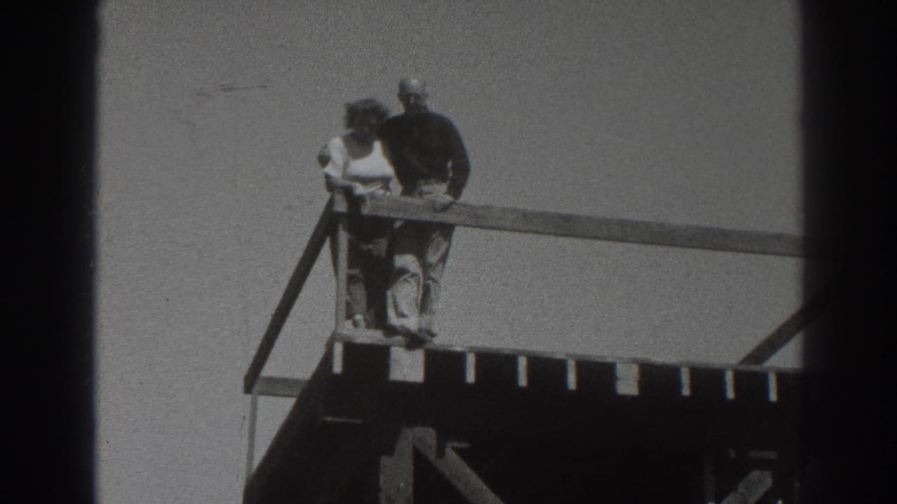 Couple beside a railing on an elevated wooden structure, seen from below or at a distance.