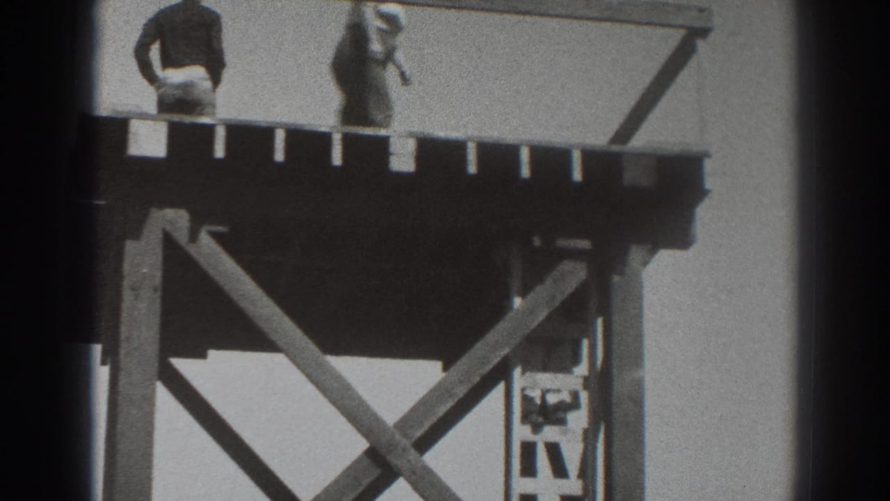 Two people stand on a tall wooden platform against the sky.