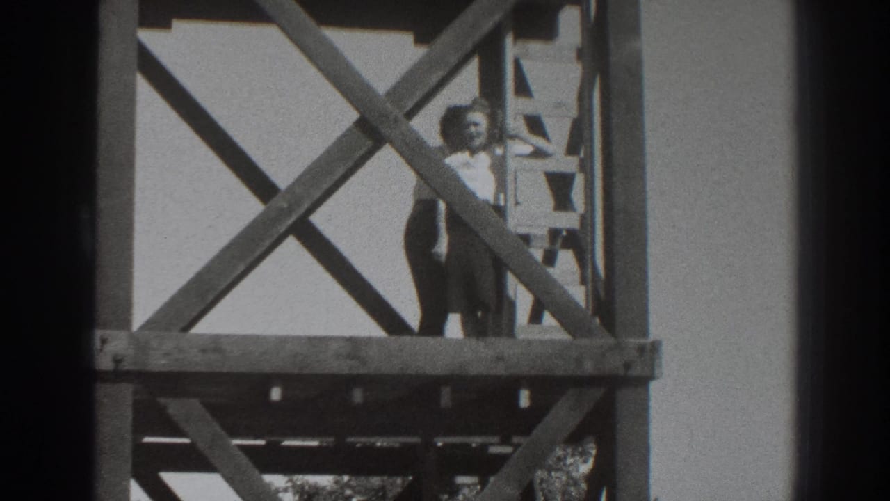 Woman stands on a wooden scaffold platform while a man is partly visible on a ladder.