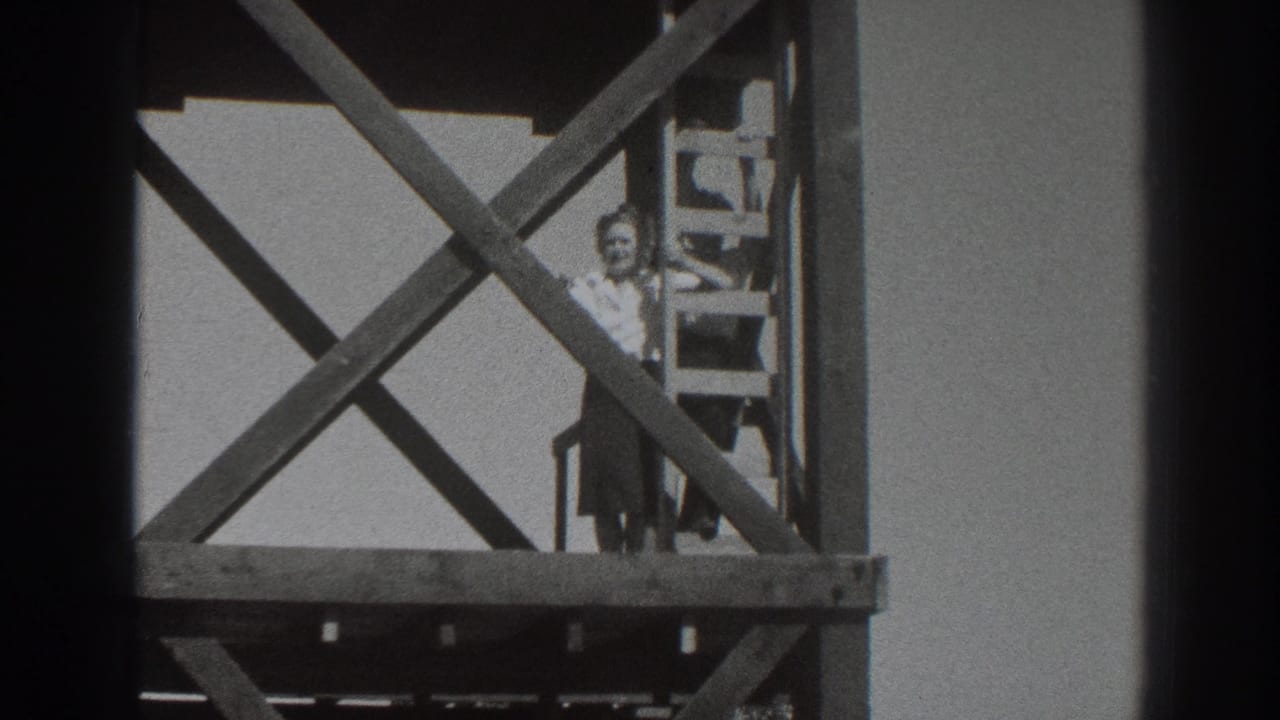 Woman stands near a ladder behind crossed wooden beams on an elevated platform.