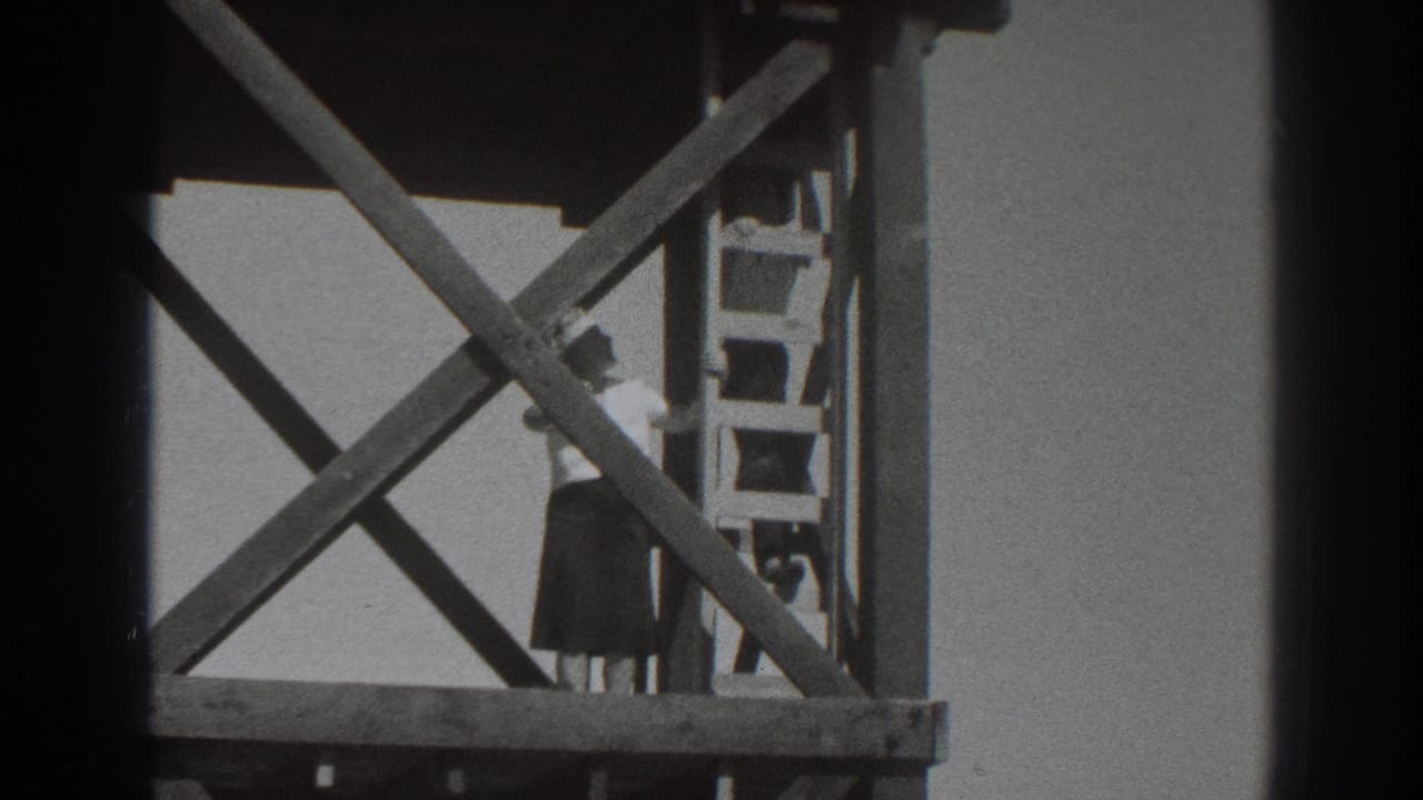 A lower view of the scaffold shows the woman near the ladder, partly obscured by heavy wooden cross-bracing.