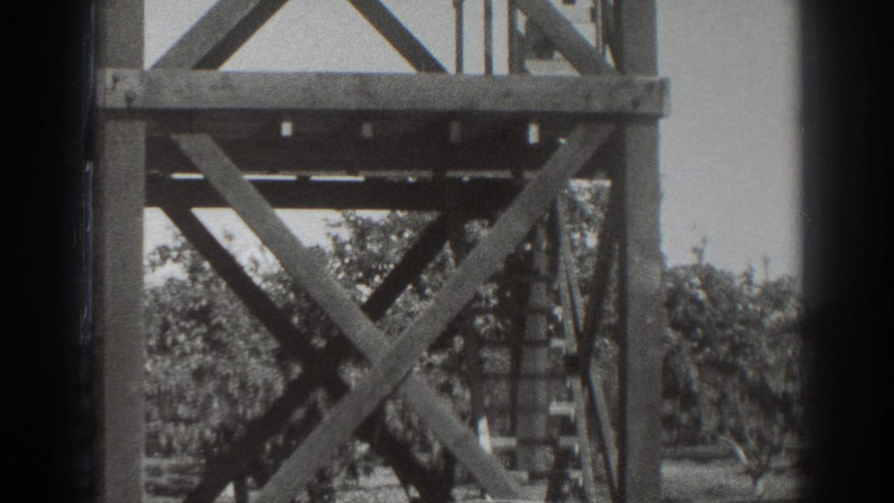 1937 Sacramento 8mm frame focused on the cross-braced lower portion of the wooden observation tower with trees behind it.