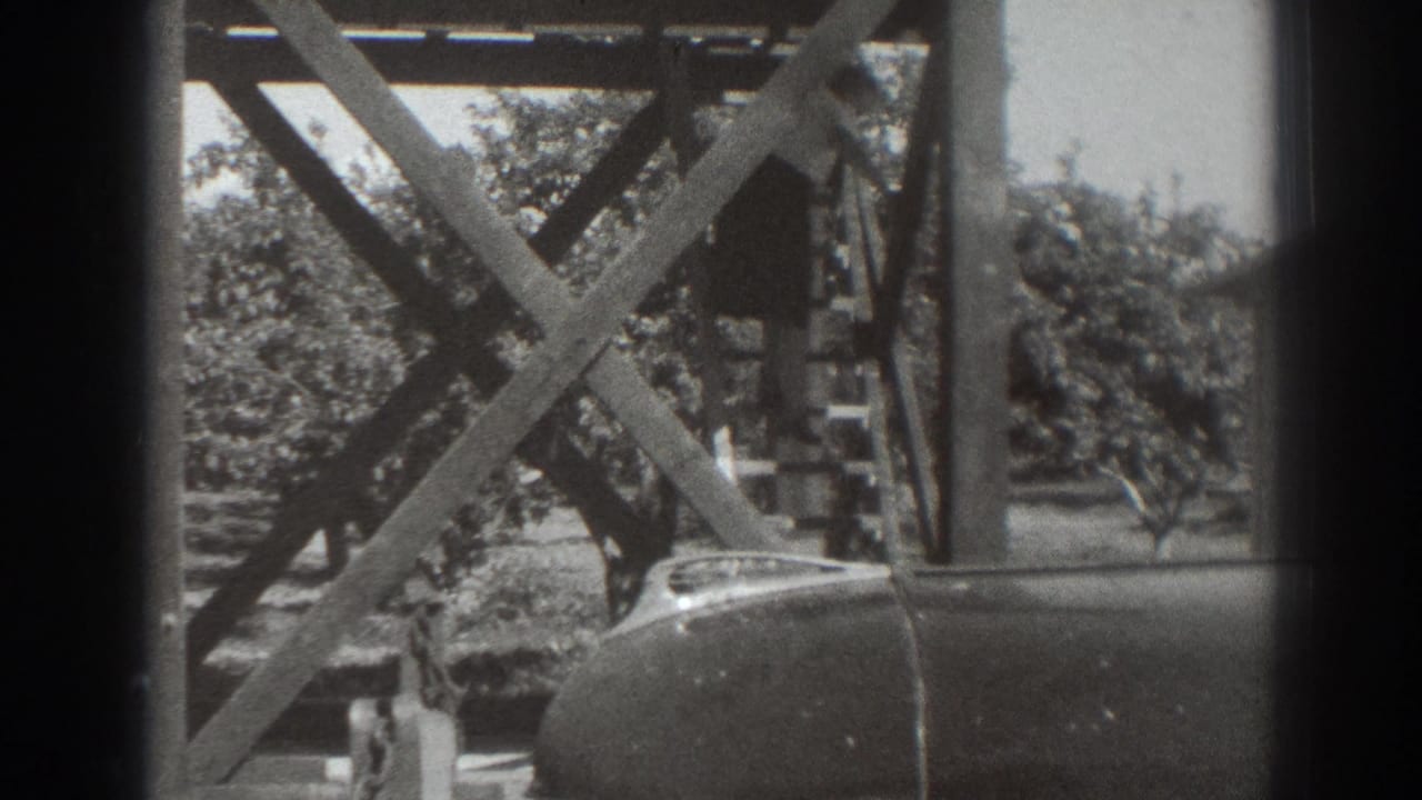 1937 Sacramento frame with crossed timber supports, leafy orchard trees, and a partial parked car in the foreground.