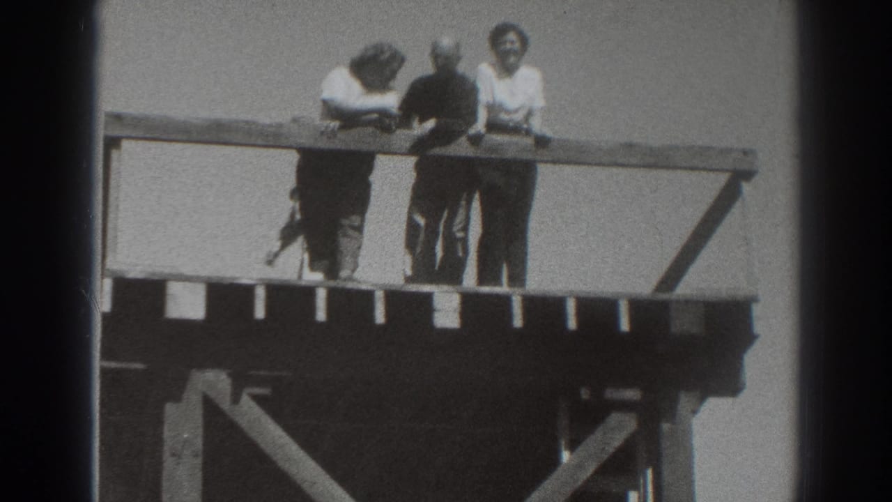 The group stays close to the wooden overlook rail, with one person partly obscured and others looking outward or downward.