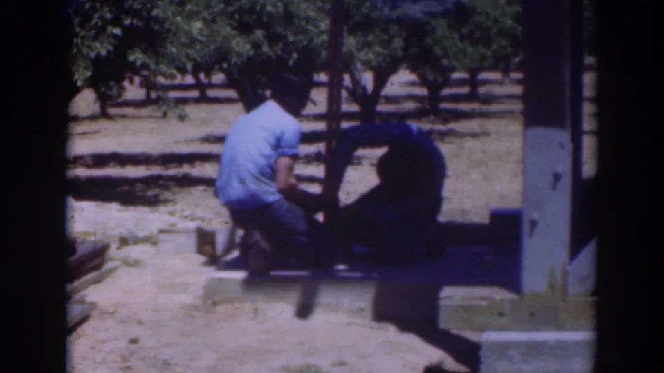 In 1937 Sacramento-area home-movie footage, two adult men crouch near a post in bright sun and shade with tree rows behind them.