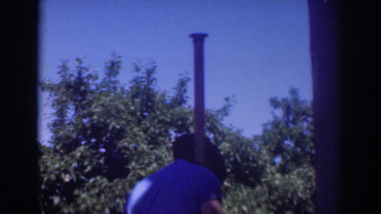 In this 1937 Sacramento home-movie frame, a man bends near a tall pole or pipe against trees and clear blue sky.