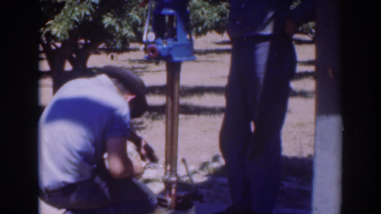 A man in a light shirt bends over the base of the utility pole in the Sacramento orchard while a second man stands beside him.