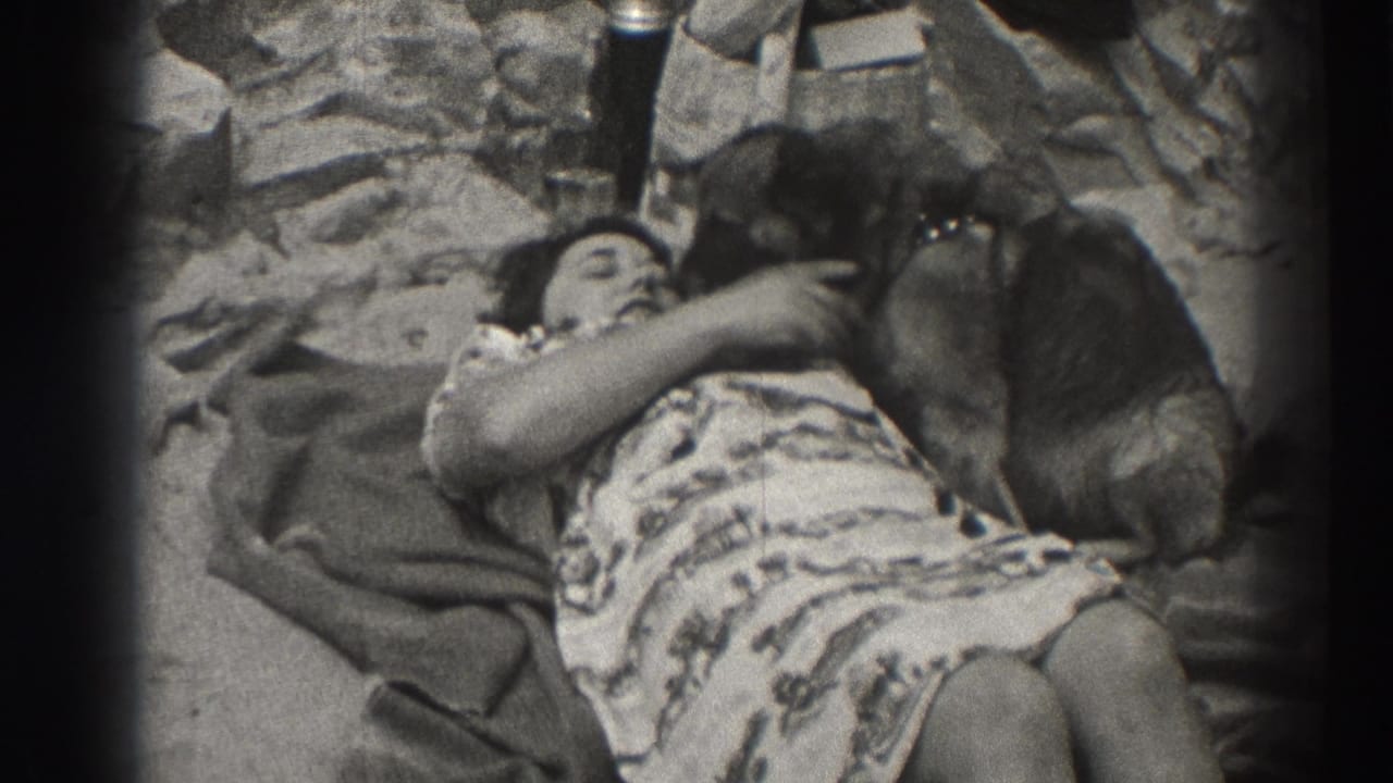 Woman lying on a beach blanket with a small dog beside her.