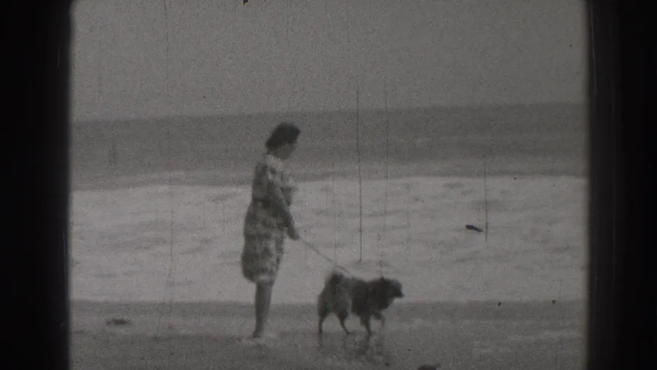 The woman stands barefoot near the surf in Santa Cruz, holding a leash attached to a small dog on the beach.