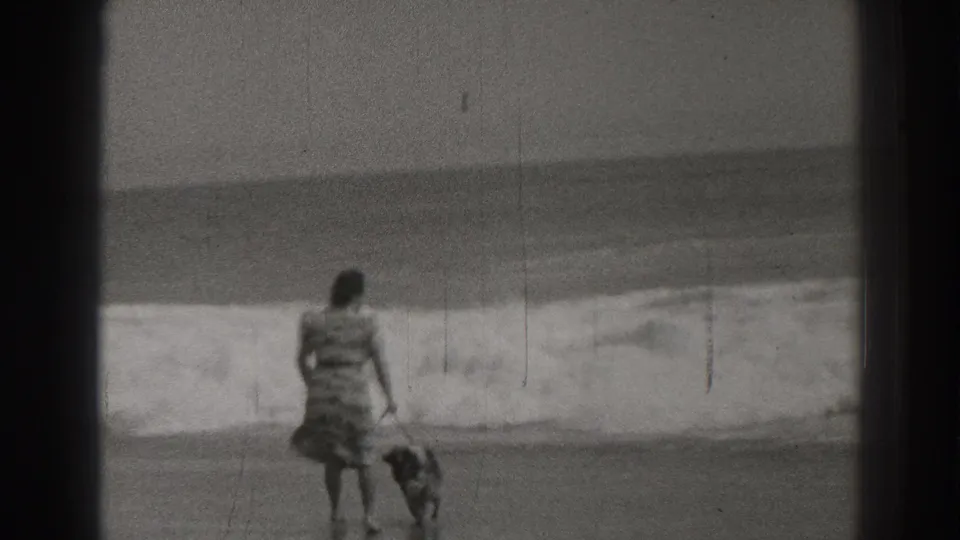 A woman and leashed dog pause on the Santa Cruz shoreline as waves break close behind them in 1937 home-movie footage.