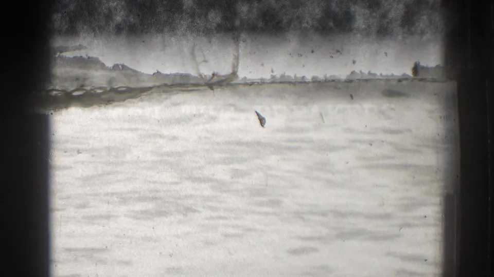 Santa Cruz surf view showing bright foamy water, distant rocks, and spray in grainy 1937 8mm footage.