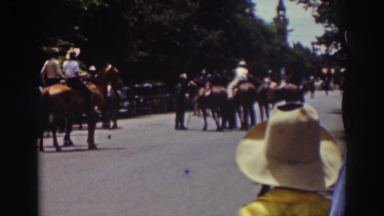 Mounted riders pass along a tree-lined street as spectators watch from the roadside.