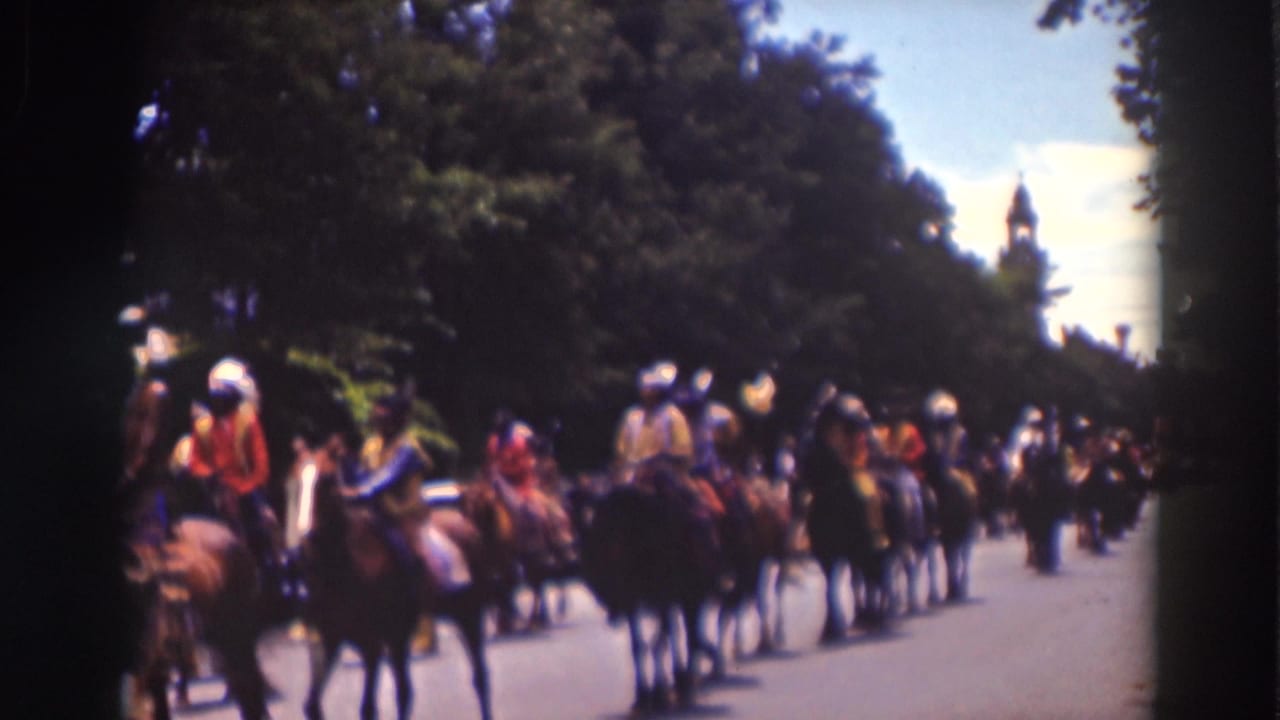 Costumed horseback riders move along a tree-lined street in formation.