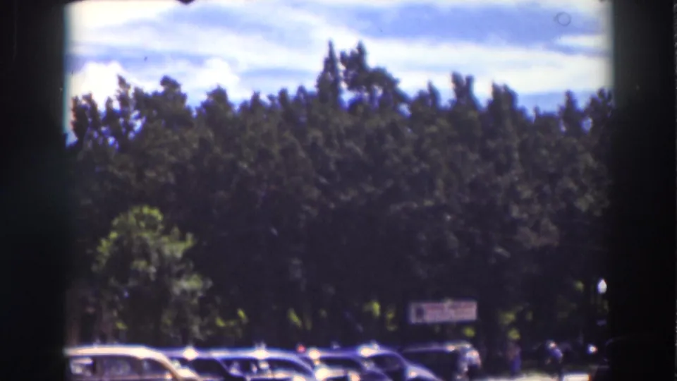 Truckee roadside view with mature trees, cars at the bottom of frame, and a small sign partly visible in soft 8mm focus.