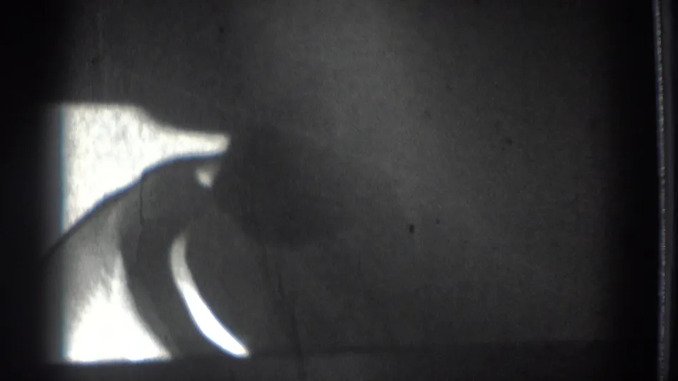 Cropped black-and-white 8mm frame from the Vacaville 1937 clip showing only part of a brimmed hat and bright outdoor edge.