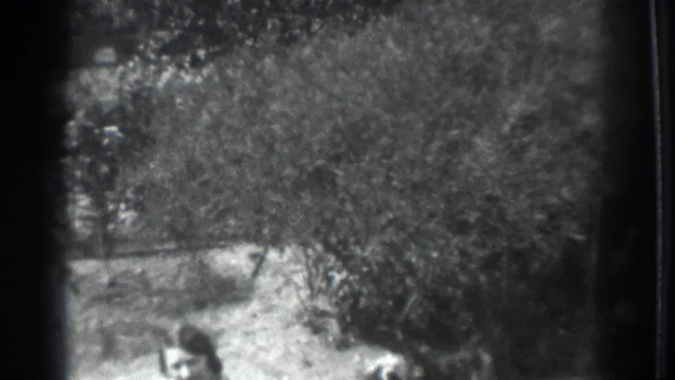 Soft 1937 Vacaville 8mm frame showing a rural yard with shrubs, uneven ground, and low figures near the lower edge.