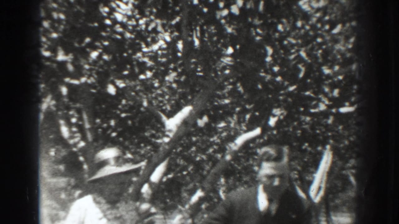 Woman in a white dress and hat stands under leafy trees as a man appears nearby.
