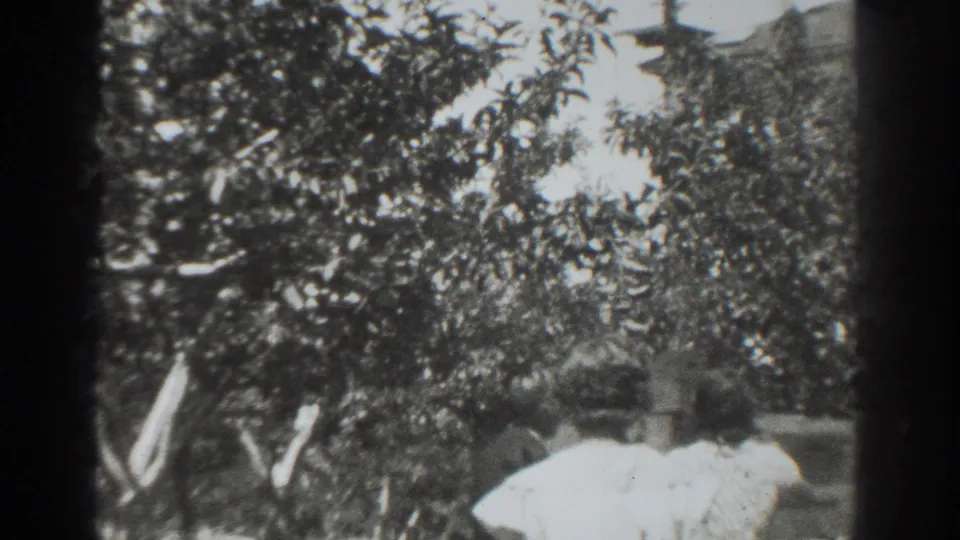 Vacaville 1937 home-movie frame showing several shaded figures under a dense garden tree.