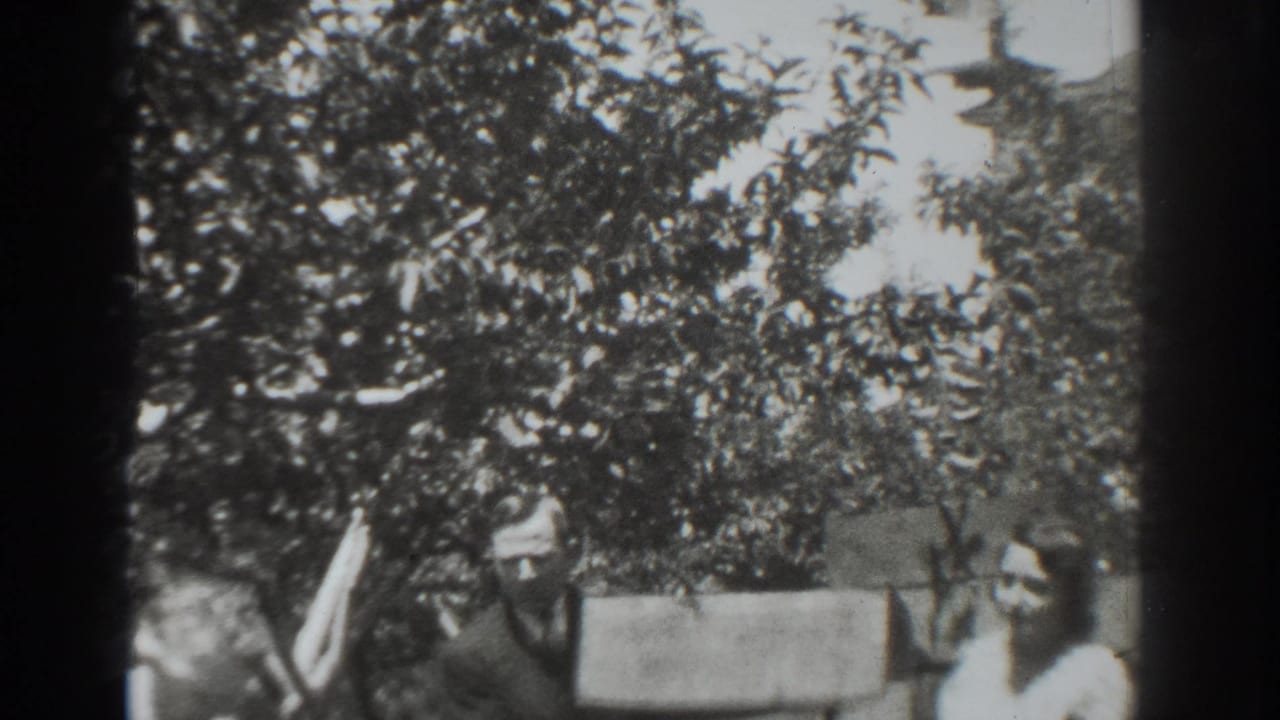 Two adults outdoors among trees, one partly hidden, with a long board visible near them.