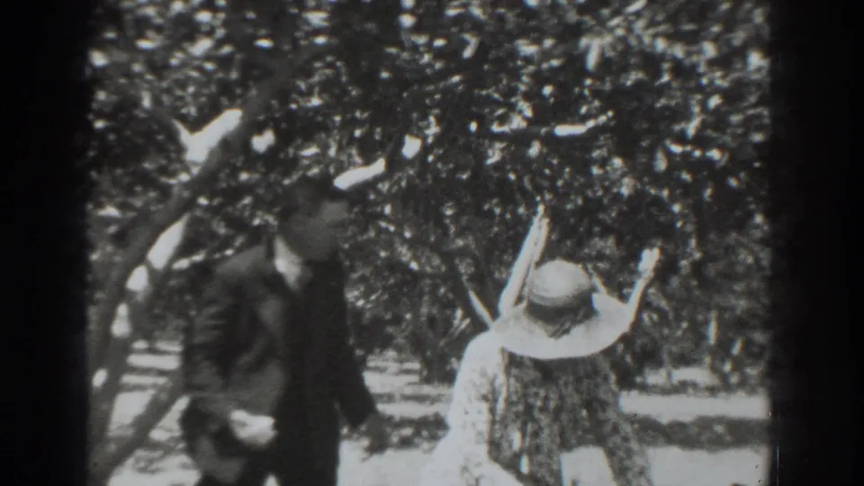 The suited man passes behind the woman in the wide hat, both partly blurred by motion in the Vacaville orchard scene.