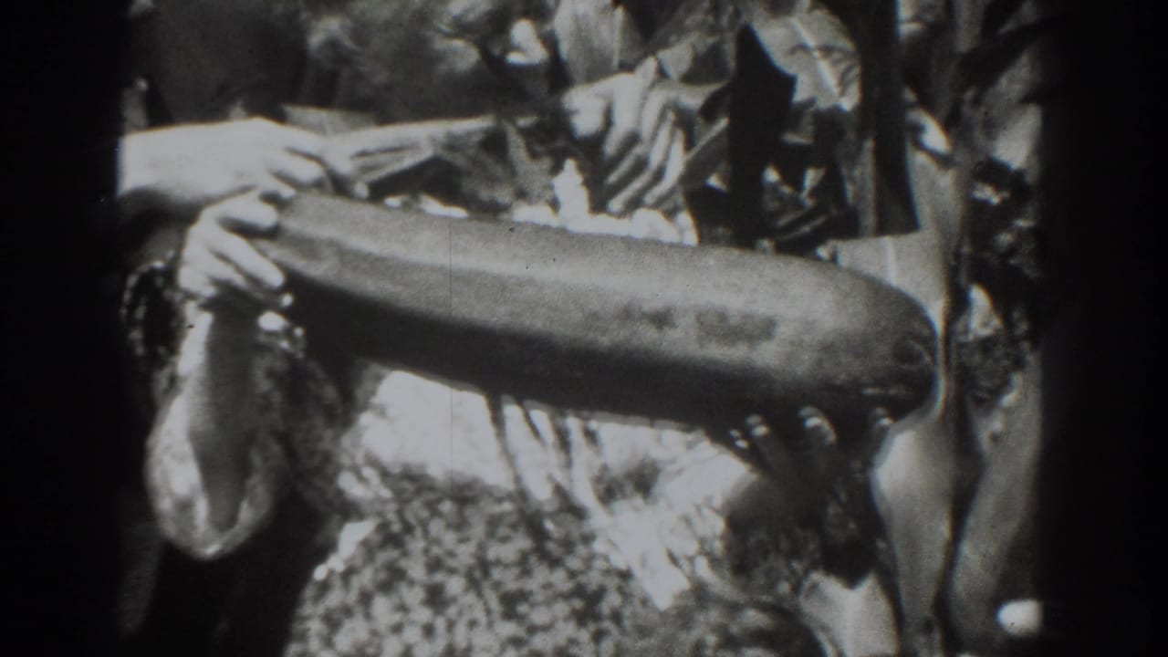 Close garden view of hands displaying a large elongated vegetable, with the older woman partly visible in 1937 Vacaville footage.