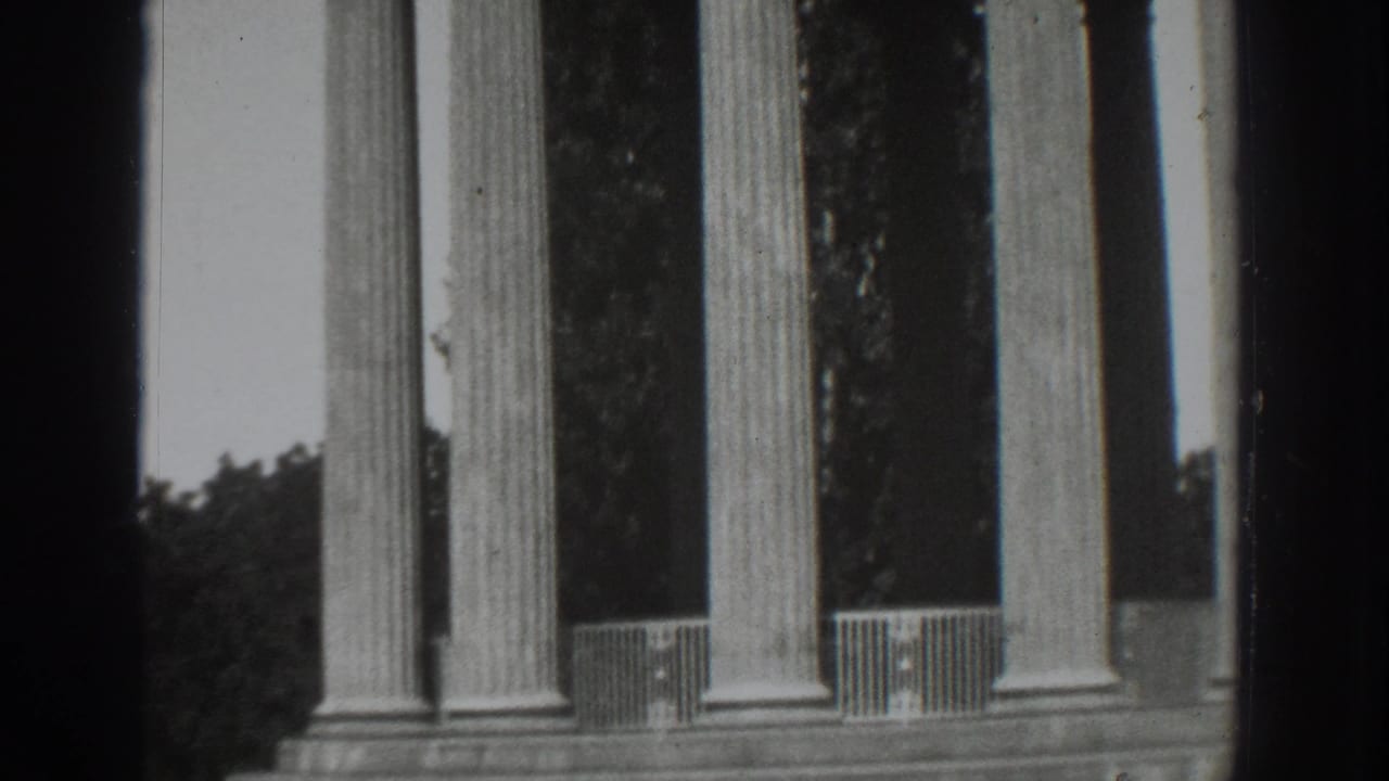Fluted columns and railings with trees behind them in a black-and-white 8mm frame.