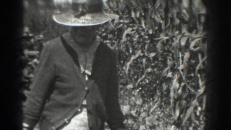 A woman in a wide-brimmed hat and dark jacket walks through tall crop rows in 1937 Vacaville home-movie footage.