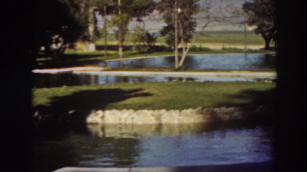 Two small lakes bordered by green grass, trees, and a pale stone edge.
