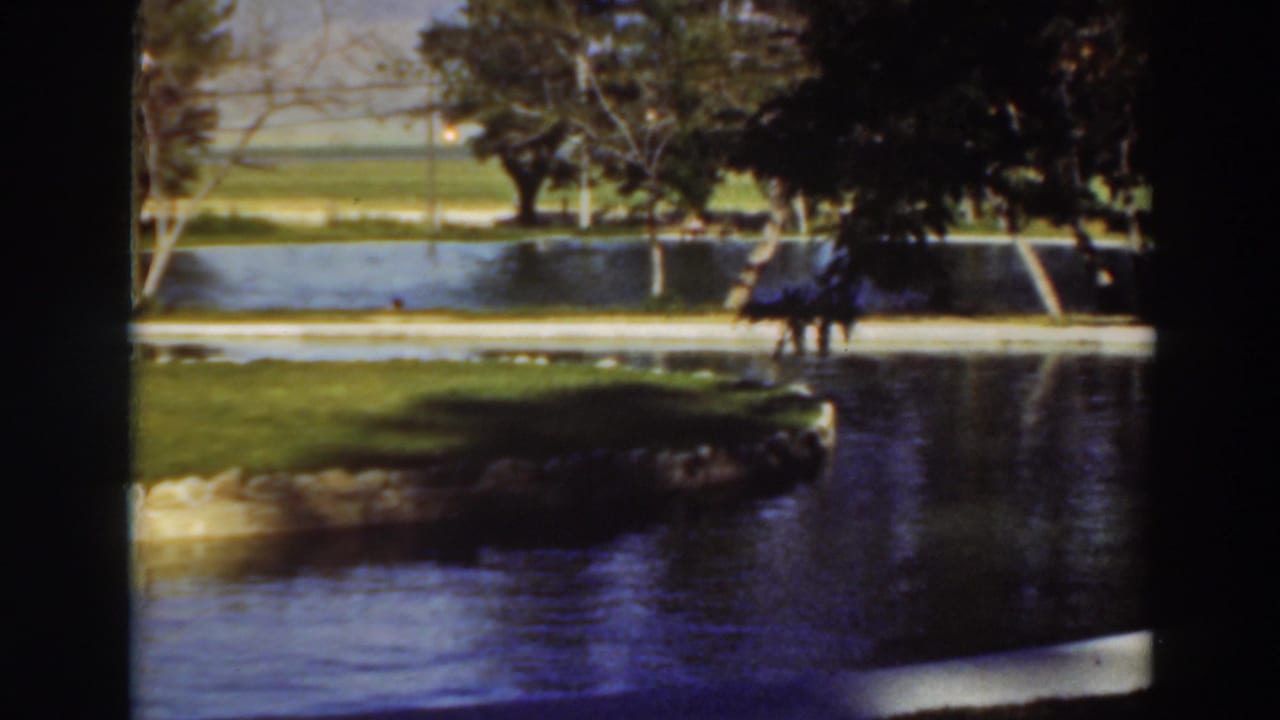 Pond in a park with a grassy island, trees, low walls, and distant people across the water.