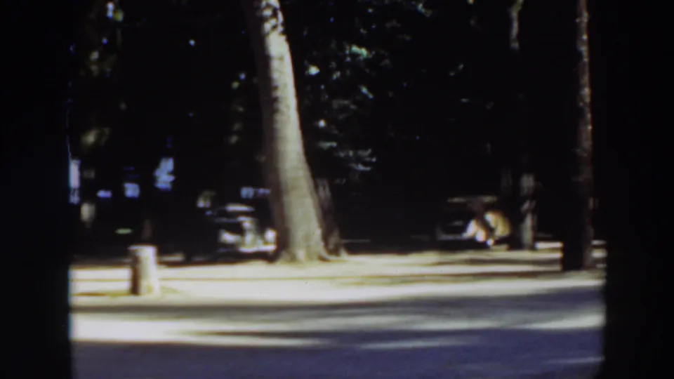 1937 8mm frame showing a shaded park or roadside view in Virginia City, California, with tall trees and a parked automobile.