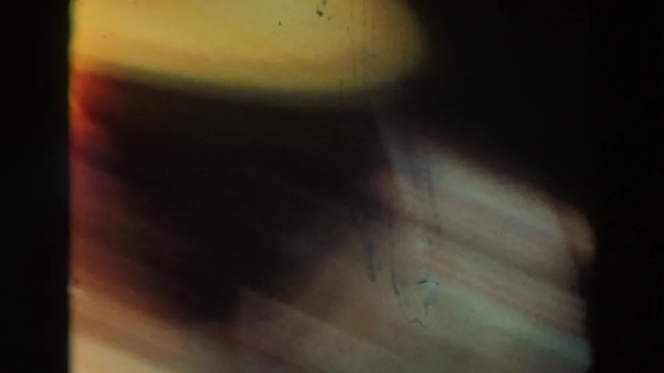 The final 1937 home-movie frame is heavily blurred, with the dog and patterned flooring visible during abrupt movement.