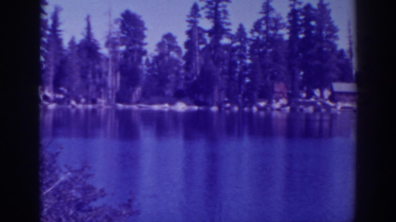 Calm lake with pine trees and small shoreline cabins in soft purple-blue 8mm color.