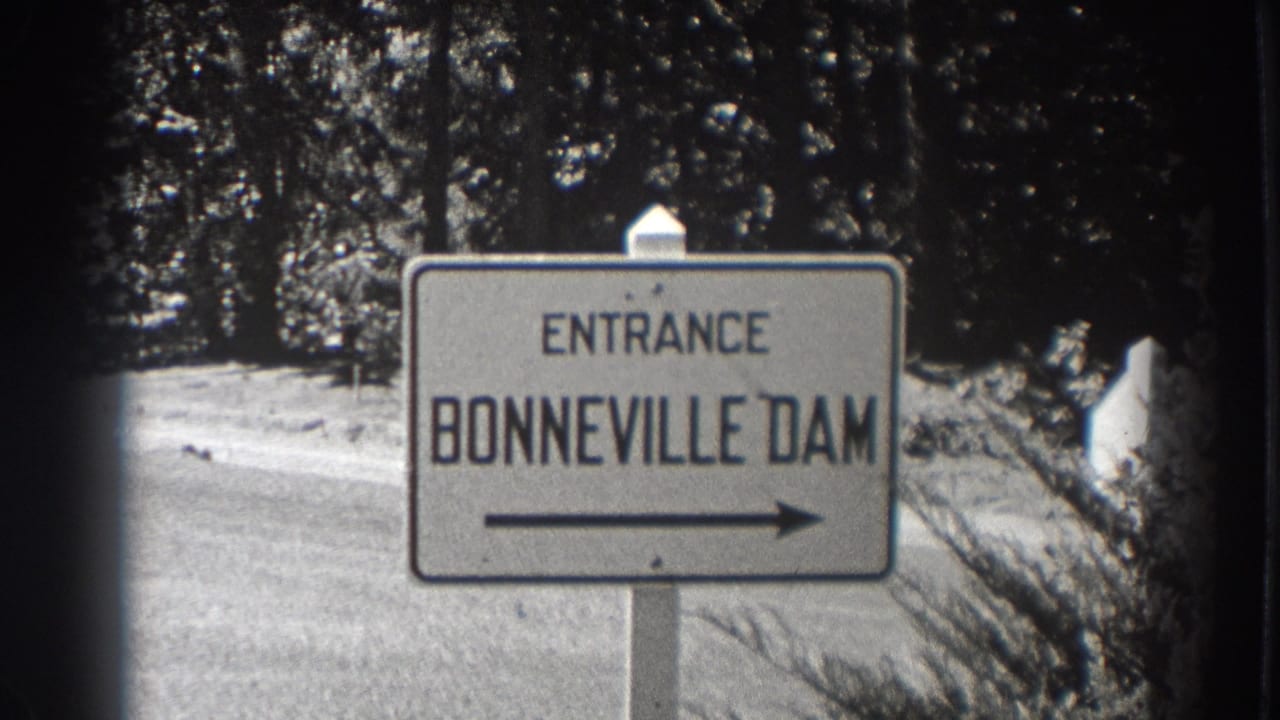 1938 Bonneville Dam entrance sign in Oregon, filmed beside a forest road with a right-pointing arrow.