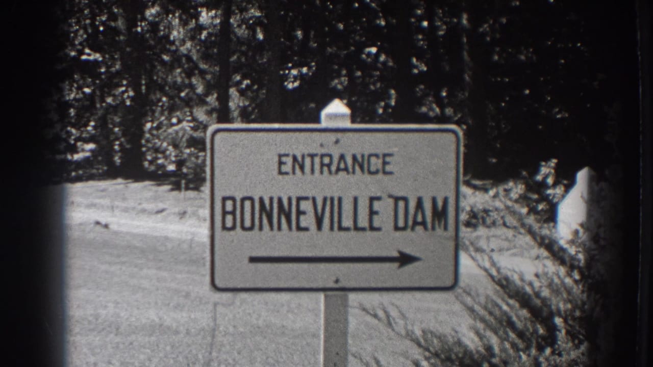 Roadside sign reading Entrance Bonneville Dam with trees behind it.