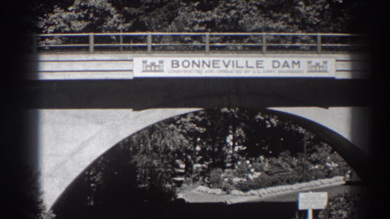 Bridge sign and concrete arch at Bonneville Dam with trees and road below.