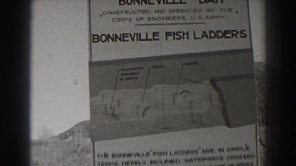 1938 Bonneville Dam visitor sign showing a Bonneville Fish Ladders diagram and U.S. Army Corps wording.