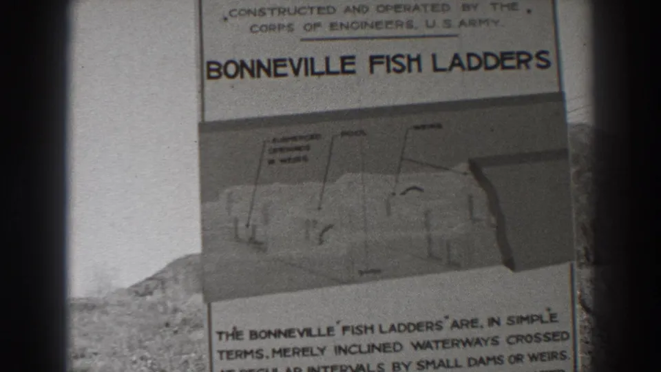 Bonneville Dam fish ladder sign in Oregon, framed close with diagram labels and lower explanatory copy visible.
