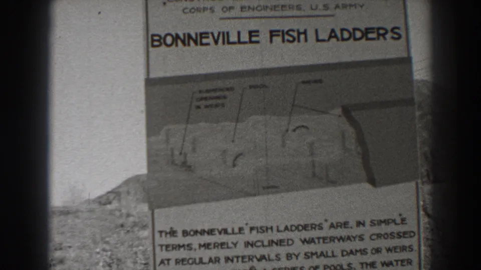 Visitor-shot 1938 Bonneville Dam sign with fish ladder diagram, lower explanatory text, and visible 8mm frame edge.