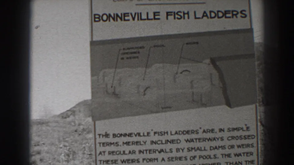 1938 Bonneville Dam visitor footage shows a sign titled Bonneville Fish Ladders with a diagram and partially readable explanatory text.
