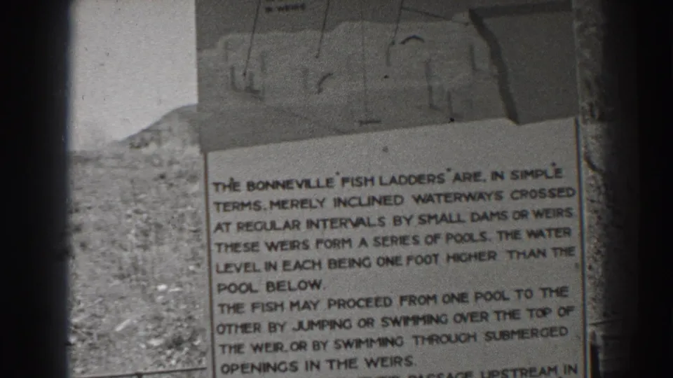1938 Bonneville Dam visitor footage showing a close-up of an informational sign explaining fish ladders and stepped pools.