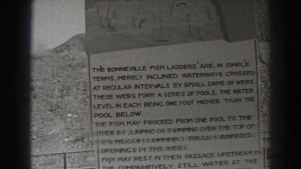 1938 Bonneville Dam home-movie frame showing a sign that explains the fish ladders, with dark 8mm frame edges visible.