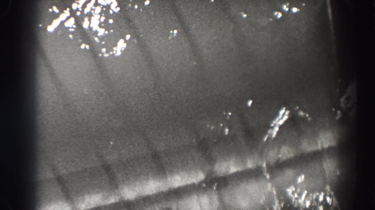 Grainy black-and-white water surface with bright reflections and faint fish shapes.